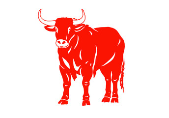 Vector red silhouette of ox isolated on white background, symbol of new year 