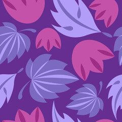 Seamless pattern of bright pink flowers and lilac leaves on a dark purple background. Vector illustration for packaging, wallpaper, fabric, textile, stationery, accessories.