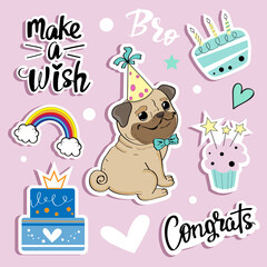 Funny pug dog and collection of birthday cakes on a pink background. Vector flat style illustration
