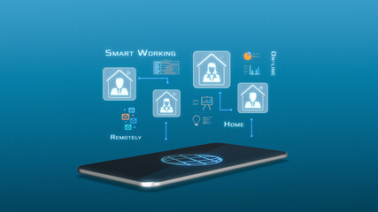 smartphone with employees working from home, charts and business reports, concept of smart working (3d render)