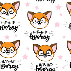 Funny face of foxe in kawaii style and inscription hip hip horey on a white background seamless pattern