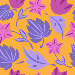 Seamless pattern with colorful stylized purple branches, leaves and pink flowers on an orange background. Vector illustration for  packaging, wallpaper, fabric, textile, stationery, accessories.