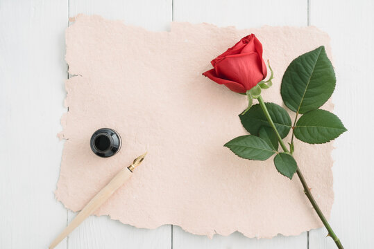 Writing a love letter showing a rose and quill on a sheet of handmade paper