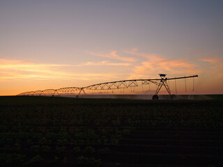 Pivot water system on a farm field at sunset, agriculture irrigation machine silhouette