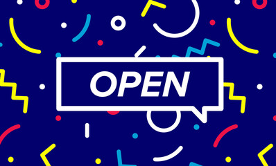 Open. Trendy box with text OPEN and linear drawing of abstruct elements