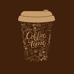 The inscription on the coffee cup. Cup of coffee on black background.