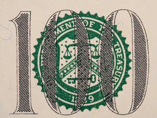 U.S. Treasury Seal on 100 dollar bill extreme macro, united states money closeup
