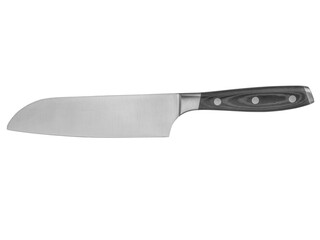 Santoku kitchen chef knife isolated on white, chrome steel sharp blade