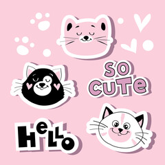 Fashion patch badges with funny head cats and inscription hello on a pink background