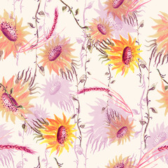 Seamless watercolour sunflowers pattern. watercolor sunflower. Autumn plant, branch. Sunflower harvest. Sunflower oil.
fabric, scarf, material. Trendy floral art background
