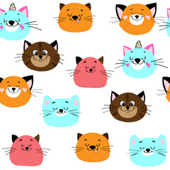 Funny head of cats in kawaii style on a white background seamless pattern for children