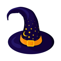 Halloween hat illustration in flat style. Witch's hat on white background with moon and stars decoration.