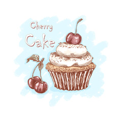 Cherry cake with cream and cherry berries. Sweets and desserts. Sketchy hand drawing on a textured background.
