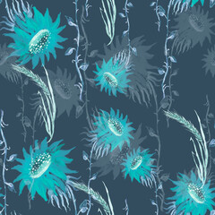 Seamless watercolour sunflowers pattern. watercolor sunflower. Autumn plant, branch. Sunflower harvest. Sunflower oil.
fabric, scarf, material. Trendy floral art background