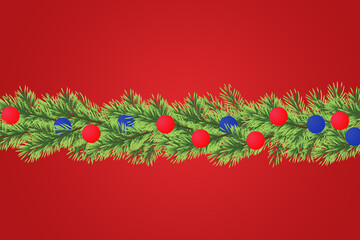 Border with Christmas and happty new year tree branches on red background