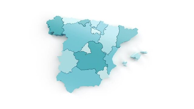 Map of Spain in blue-green colors, top view. Formed by separate areas falling from top to bottom against a white background.
