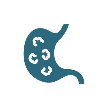 Stomach with tumors colored icon. Stomac cancer, diseases internal organ, ulcer symbol