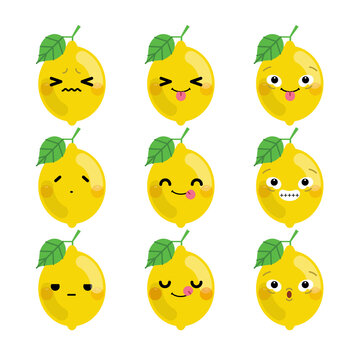Set of cute cartoon lemon emoji set isolated on white background. Vector Illustration.