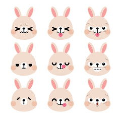 Set of cute cartoon rabbit emoji set isolated on white background. Vector Illustration.