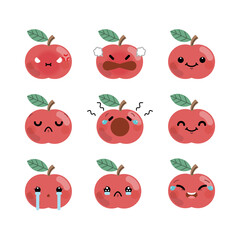 Set of cute cartoon apple emoji set isolated on white background. Vector Illustration.