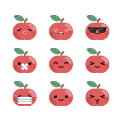 Set of cute cartoon apple emoji set isolated on white background. Vector Illustration.