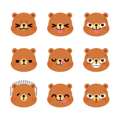 Set of cute cartoon bear emoji set isolated on white background. Vector Illustration.