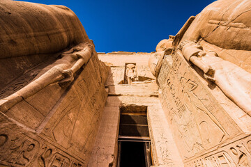 Ancient Egyptian temple built by Ramses II, dedicated to his wife Nefertari, sculpted in the stone...
