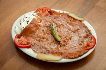 Turkish traditional iskender kebab. Yoghurt.