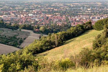 Fototapeta premium Panoramic view of Bologna from Bolognese hills. The city in background with rural fields and wheat in close up. Emilia Romagna Region, Italy