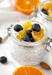 Tender dessert for Breakfast with yogurt orange blueberries and Chia seeds