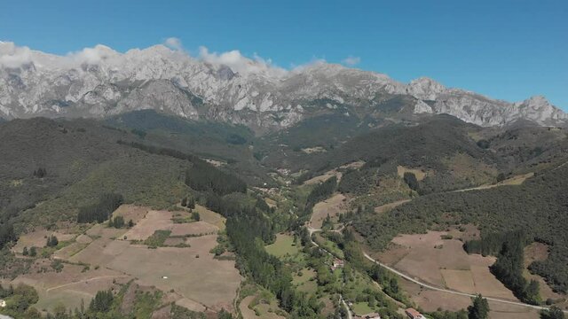DRONE AERIAL FOOTAGE: The Picos de Europa (Peaks of Europe) a mountain range part of the Cantabrian Mountains in northern Spain.