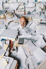 Screaming businessman drowning under a lot of paperwork - obrazy, fototapety, plakaty