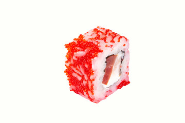 Sushi, rolls, with fillings of cheese, fish, caviar, mango. Japanese food. white background. cut...