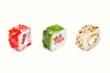 Sushi, rolls, with fillings of cheese, fish, caviar, mango. Japanese food. white background. cut out the outline