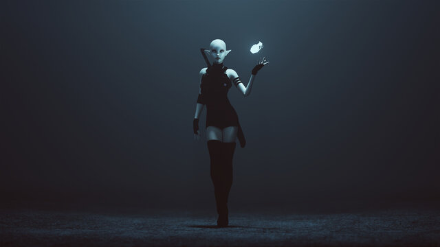 Futuristic Dark Elf with Sword and Glowing Holy Hand Grenade 3d illustration