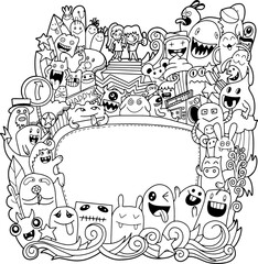 Funny monsters Doodle Cute . outline Black and white background