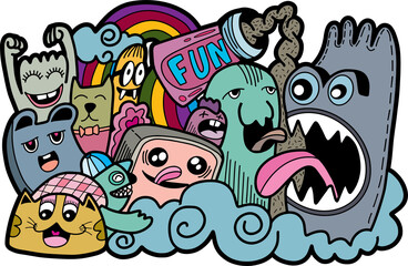 funny monster group behind ,illustration of monsters and cute alien friendly cool cute hand-drawn monsters collection