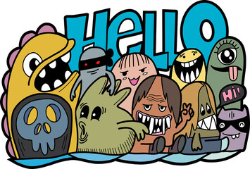 Hello funny monster group behind ,illustration of monsters and cute alien friendly cool cute hand-drawn monsters collection