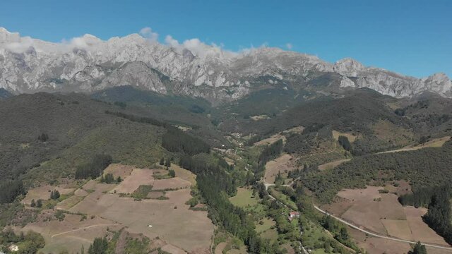DRONE AERIAL FOOTAGE: The Picos de Europa (Peaks of Europe) a mountain range part of the Cantabrian Mountains in northern Spain.