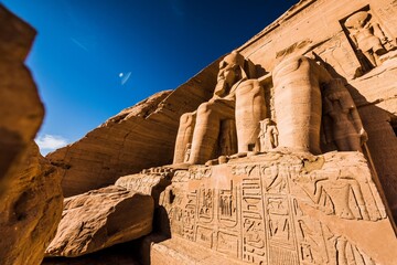 Ancient Egyptian temple built by Ramses II, dedicated to his wife Nefertari, sculpted in the stone...