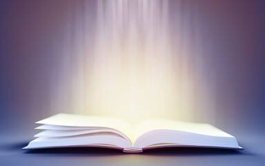 Open book with magic light. 3d illustration