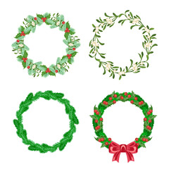 Set of different Christmas wreaths isolated on white. Christmas wreaths made of branches of spruce, fir, mistletoe, holly berry and red bow. Traditional decoration, round frame. Vector illustration