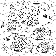 Coloring antistress page for adults 
and children. Fishes in water