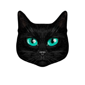 illustration portrait of a black cat with blue turquoise eyes looking directly at the camera. Cute cat with black smooth fur