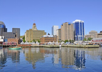 urban landscape seen from the harbour, downtown along the boardwalk in Halifax Nova Scotia Canada