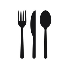 Fork knife and spoon icon logo. Simple flat shape sign. Restaurant cafe kitchen diner place menu symbol. Vector illustration image. Black silhouette isolated on white background.