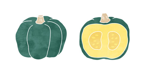 手書き水彩風のシンプルなカボチャのイラスト 断面 ハロウィン おしゃれ 野菜 食材 Wall Mural Yugoro
