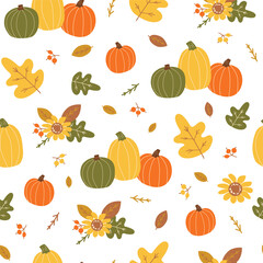 Autumn harvest pattern. Orange pumpkin, yellow leaves, berry, floral elements. Bright autumn seamless pattern