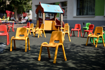 Empty chairs inside a kinder garden play zone, maintaining social distance as a measure during the COVID 19 pandemic