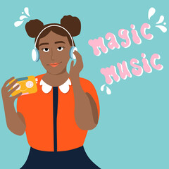Young afro american woman is listening to music in headphones and enjoy sound.Girl is holding retro audio player with tape inside.Meloman,fan,music lover.Poster for jazz club,store,acoustic bar,fest